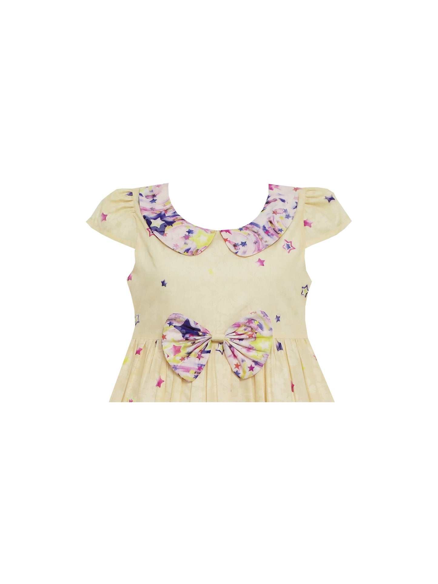 Girls Dress Star Sky Print Turn-down Collar Yellow Beige