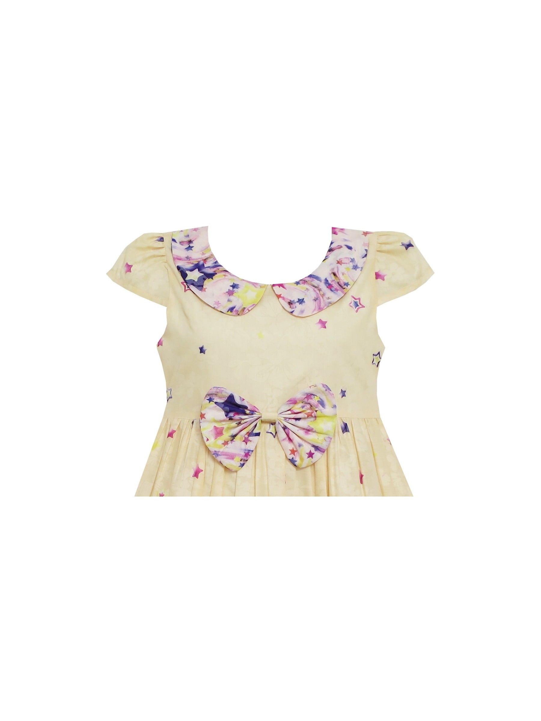 Girls Dress Star Sky Print Turn-down Collar Yellow Beige