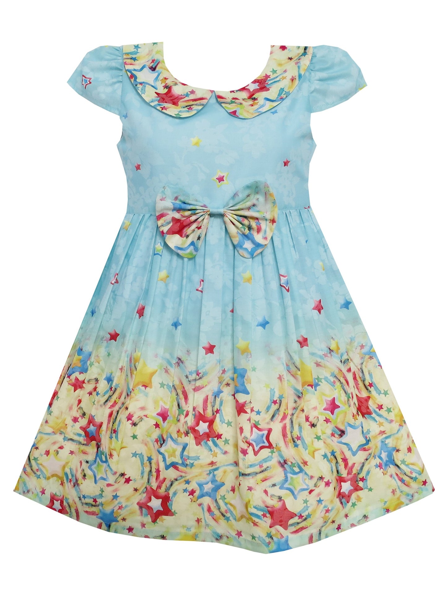 Girls Dress Star Sky Print Turn-down Collar Short Sleeve Blue Blue