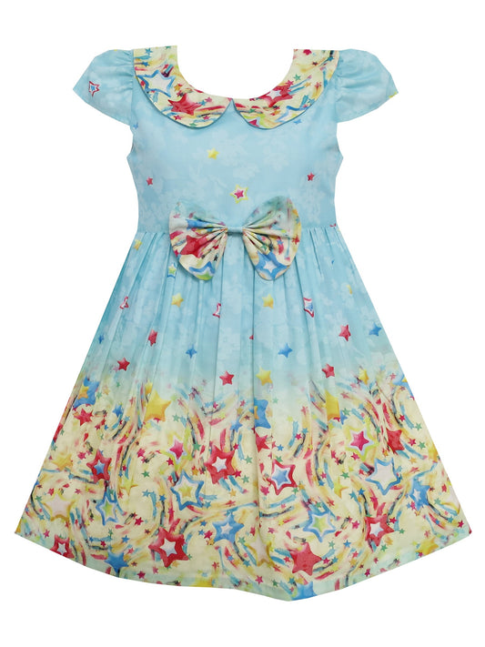 Girls Dress Star Sky Print Turn-down Collar Short Sleeve Blue Blue