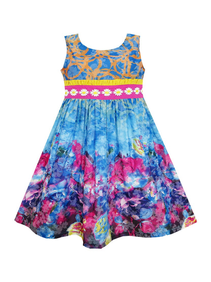 Girls Dress Embroidered Sash Blooming Flower Painting Style Blue - Blue 2