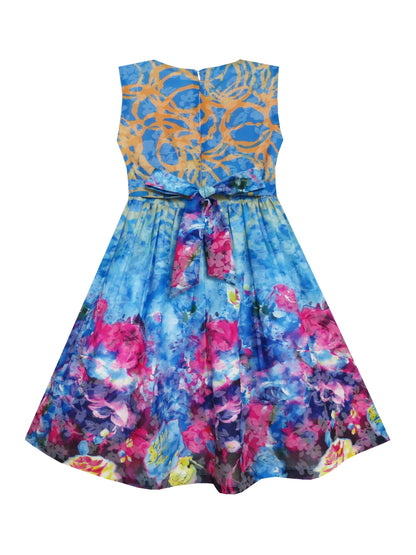 Girls Dress Embroidered Sash Blooming Flower Painting Style Blue - Blue 2