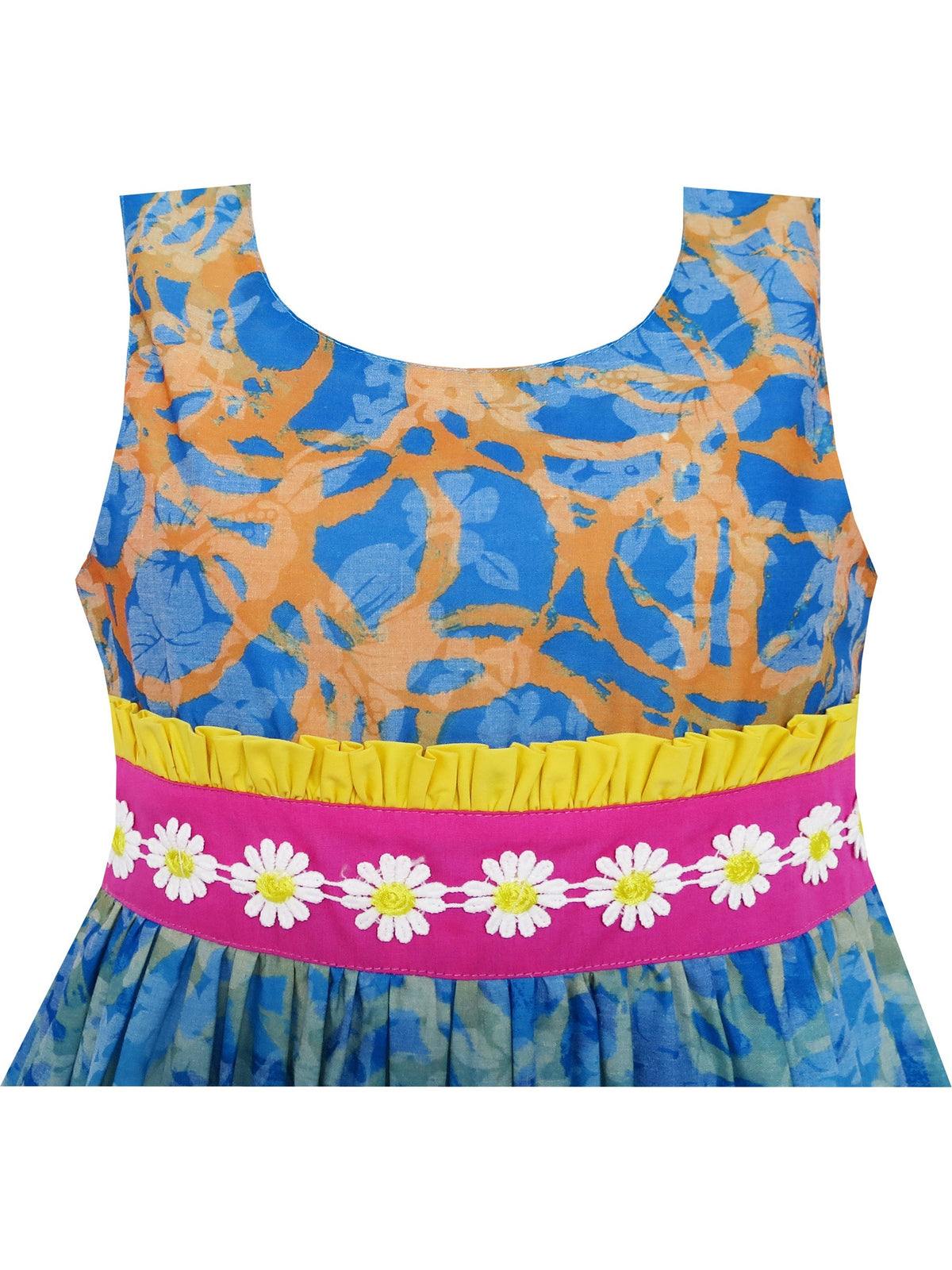 Girls Dress Embroidered Sash Blooming Flower Painting Style Blue - Blue 2