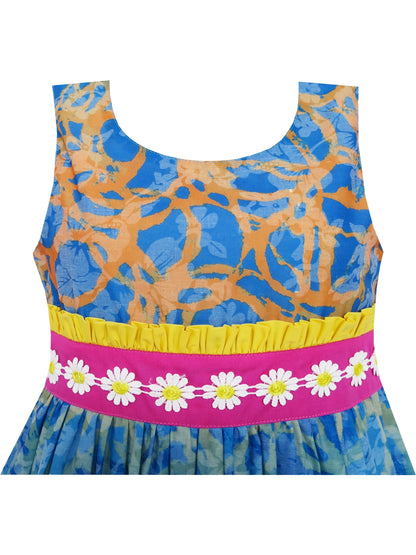 Girls Dress Embroidered Sash Blooming Flower Painting Style Blue - Blue 2