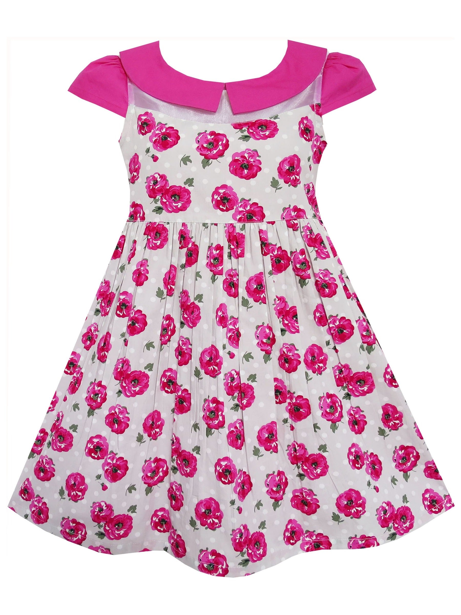 Girls Dress Rose Flower Turn-down Collar Lace Pink Pink