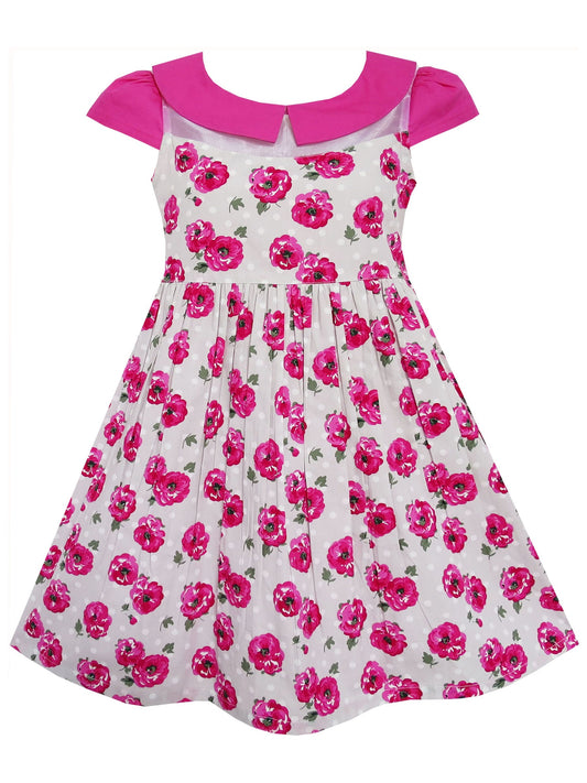 Girls Dress Rose Flower Turn-down Collar Lace Pink Pink