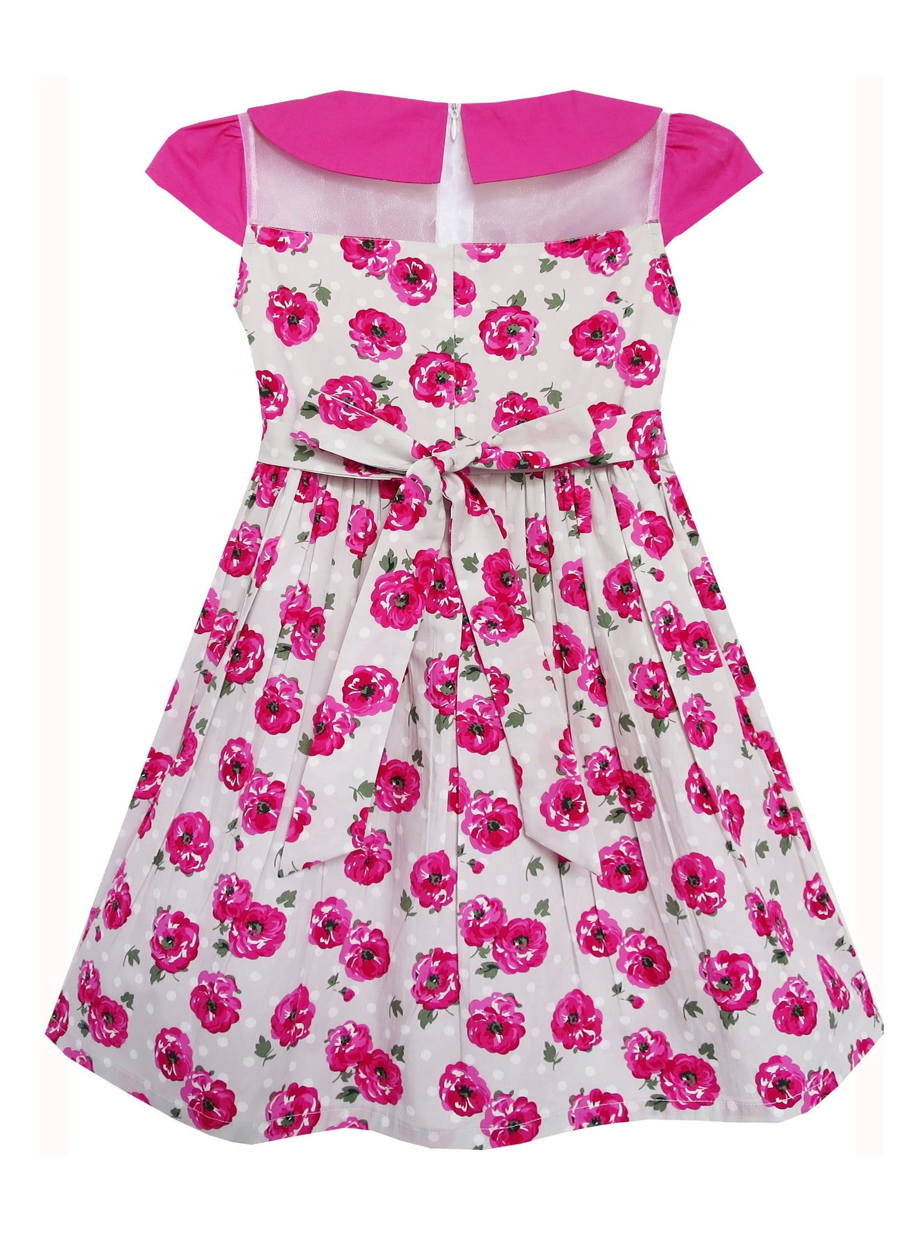 Girls Dress Rose Flower Turn-down Collar Lace Pink Pink