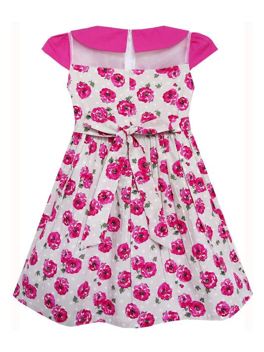 Girls Dress Rose Flower Turn-down Collar Lace Pink Pink