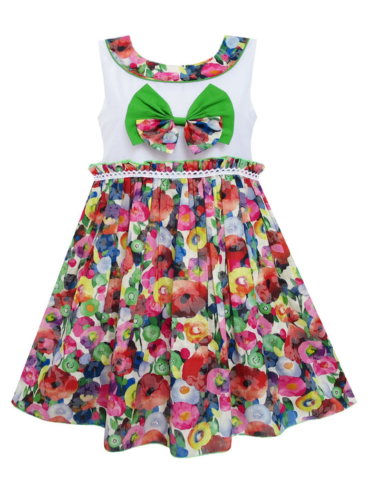 Girls Dress Bow Tie Blooming Flower Detailing Collar Green Green