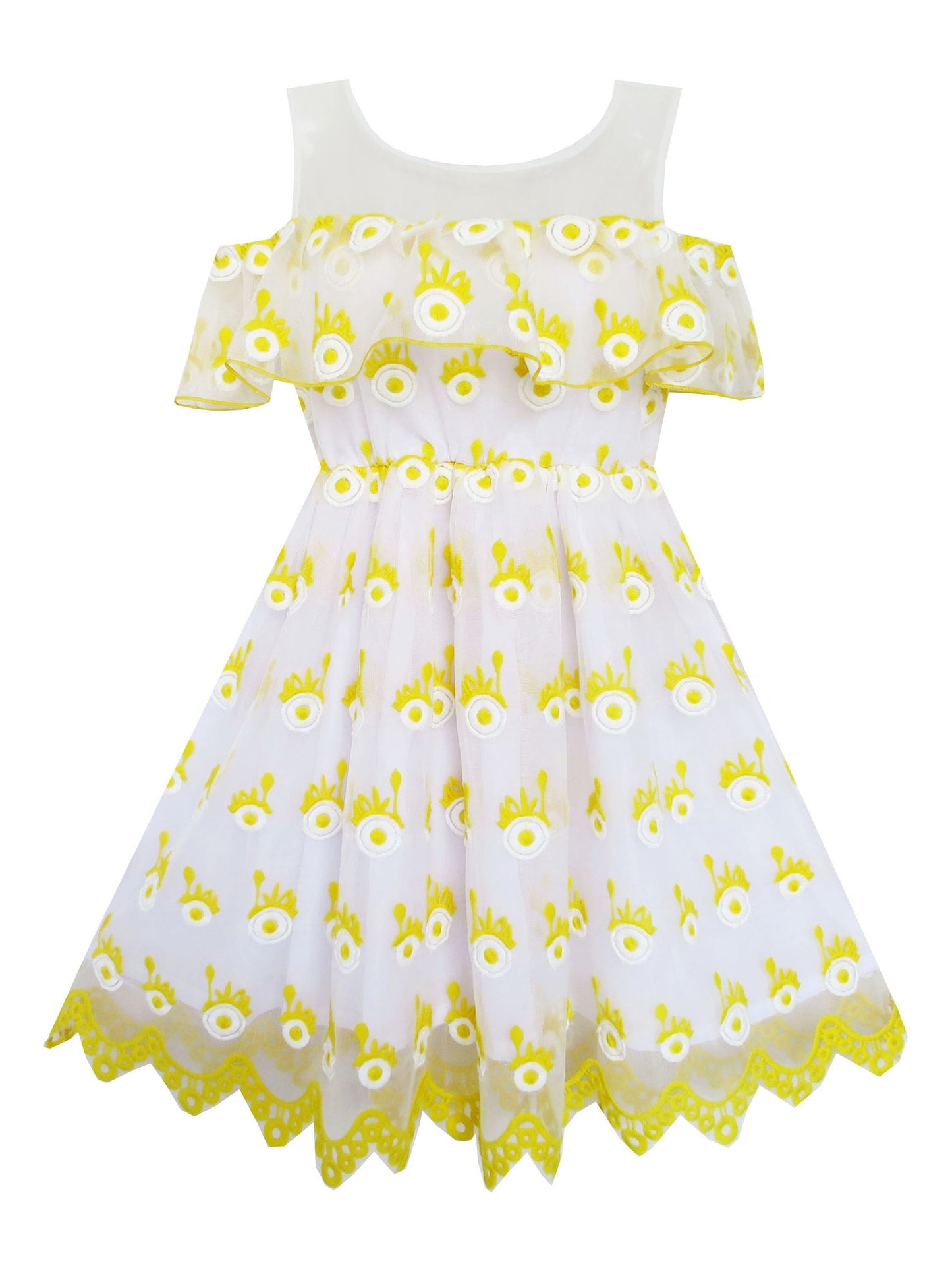 Girls Dress Sleeveless Lace Trim with Flower Detailing Yellow Yellow