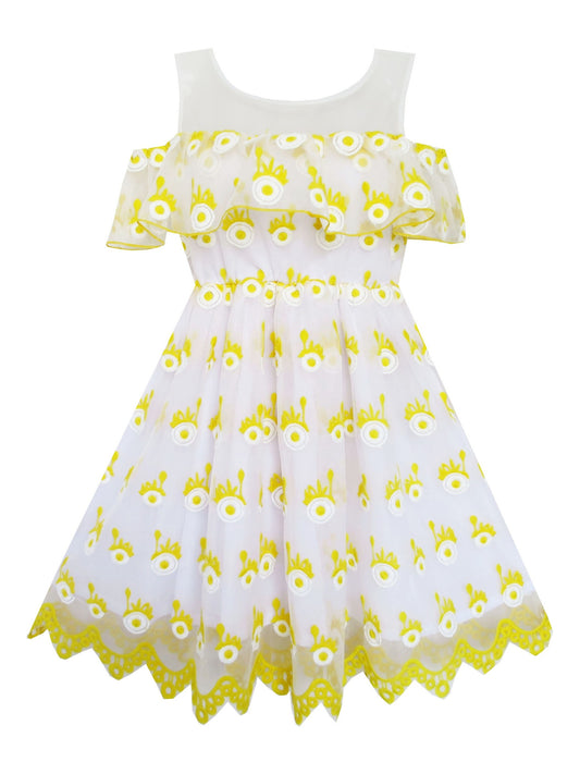 Girls Dress Sleeveless Lace Trim with Flower Detailing Yellow Yellow