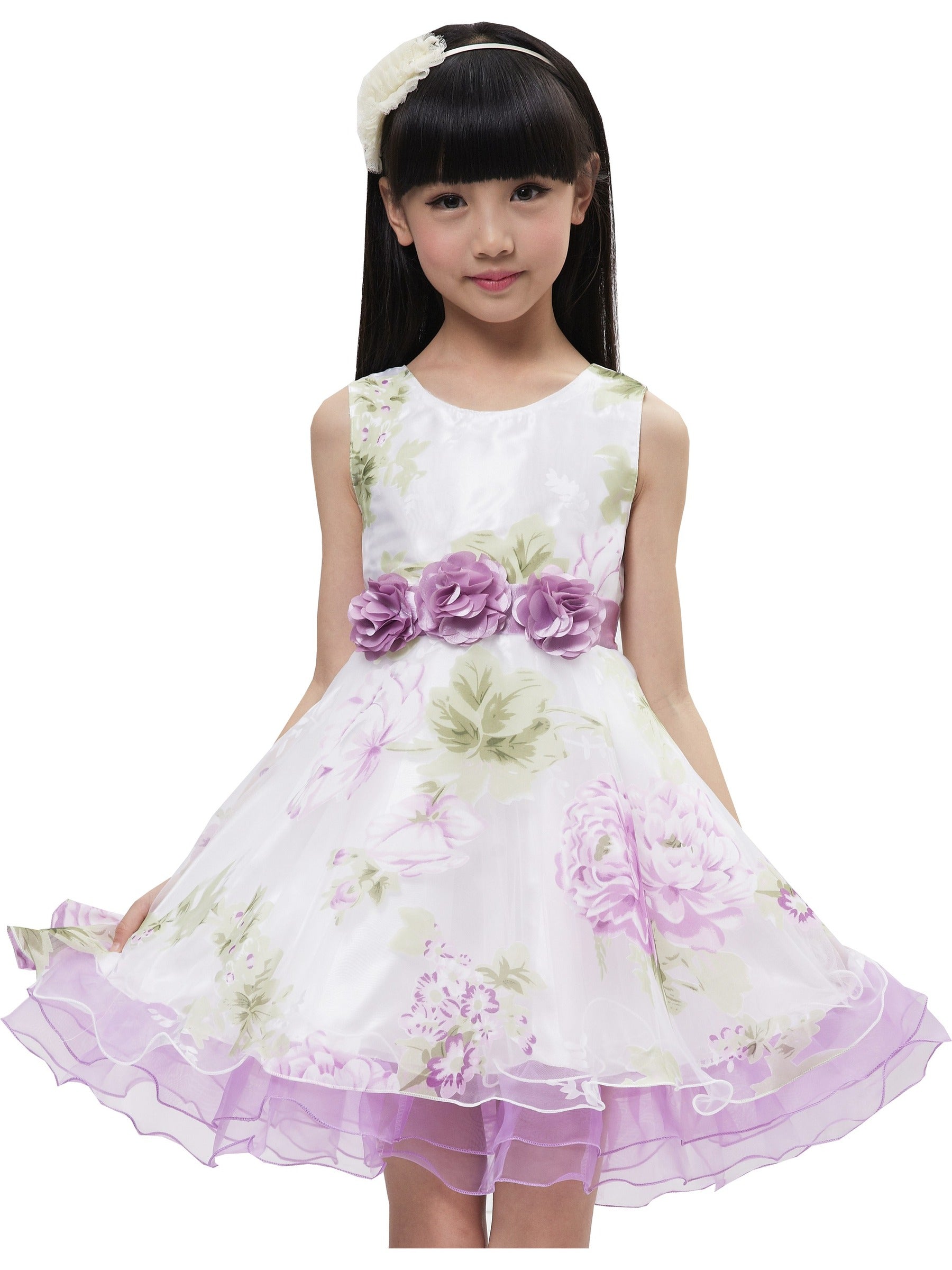Girls Dress Purple Flower Bow Tie Wedding Party Children Clothes Size Purple