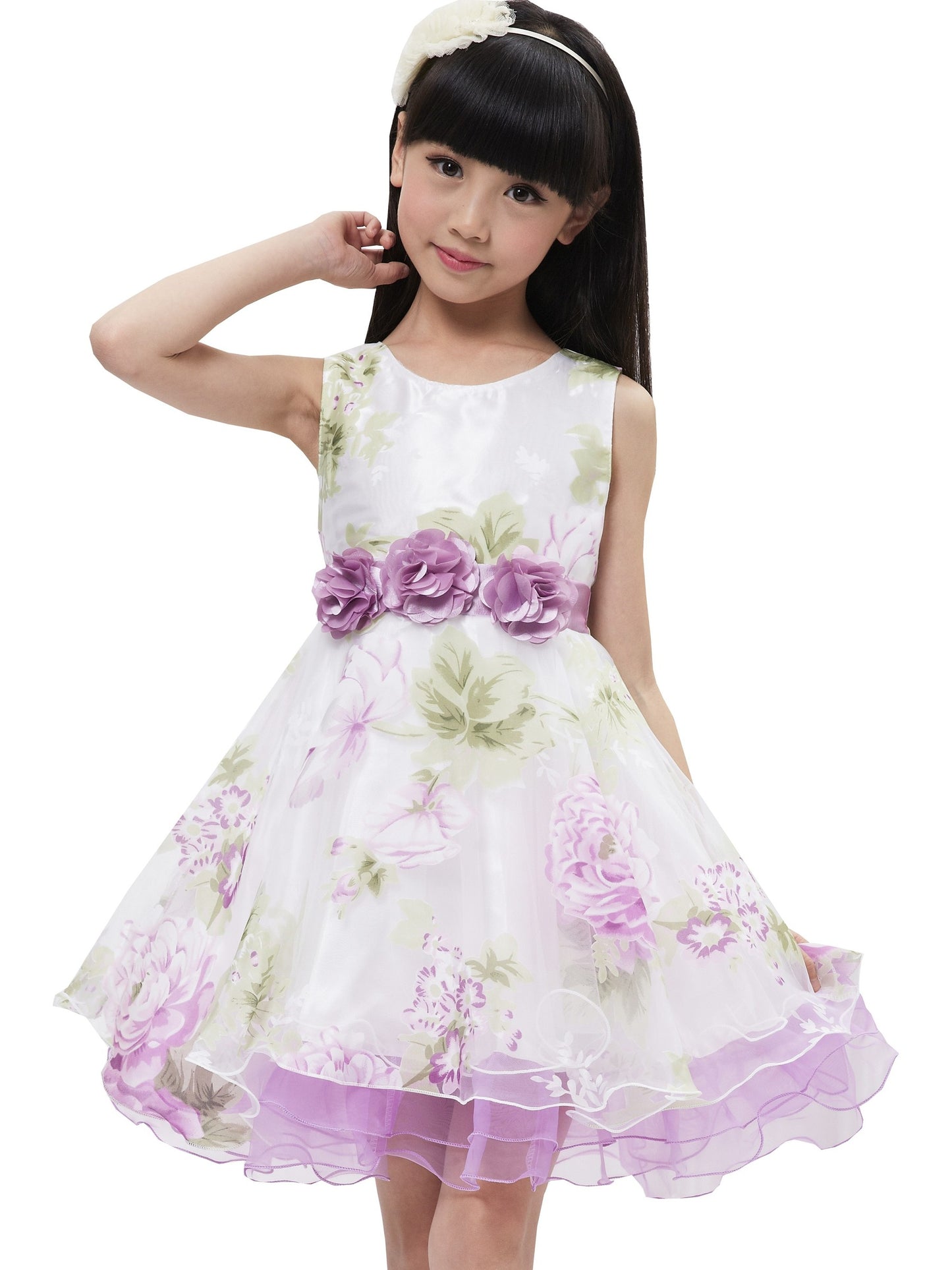 Girls Dress Purple Flower Bow Tie Wedding Party Children Clothes Size Purple