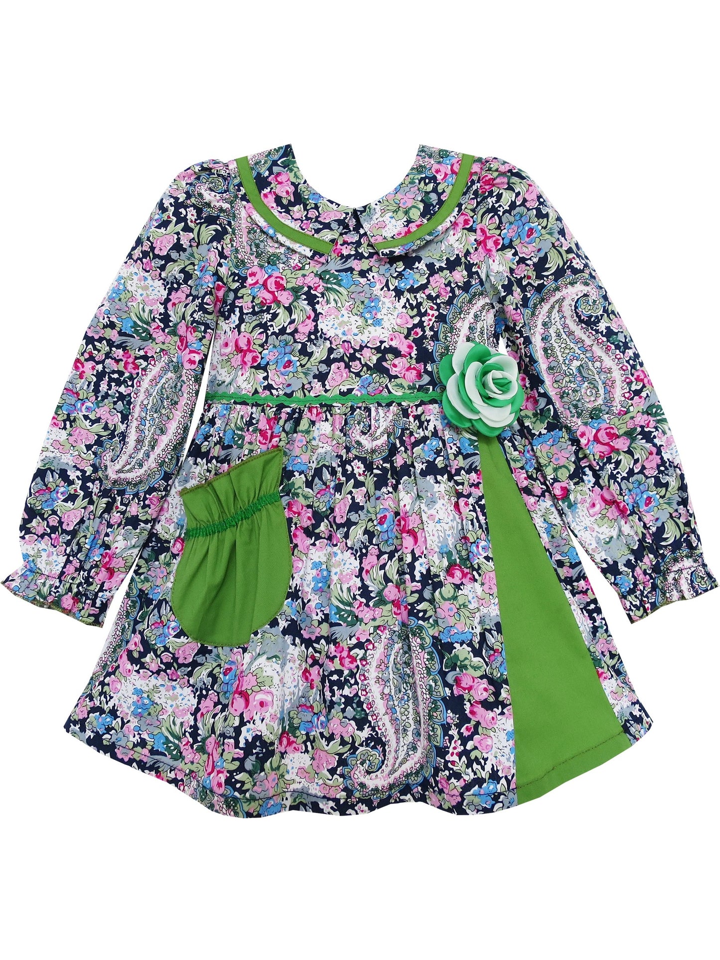 Girls Dress Turn-down Collar Paisley Flower Green Green