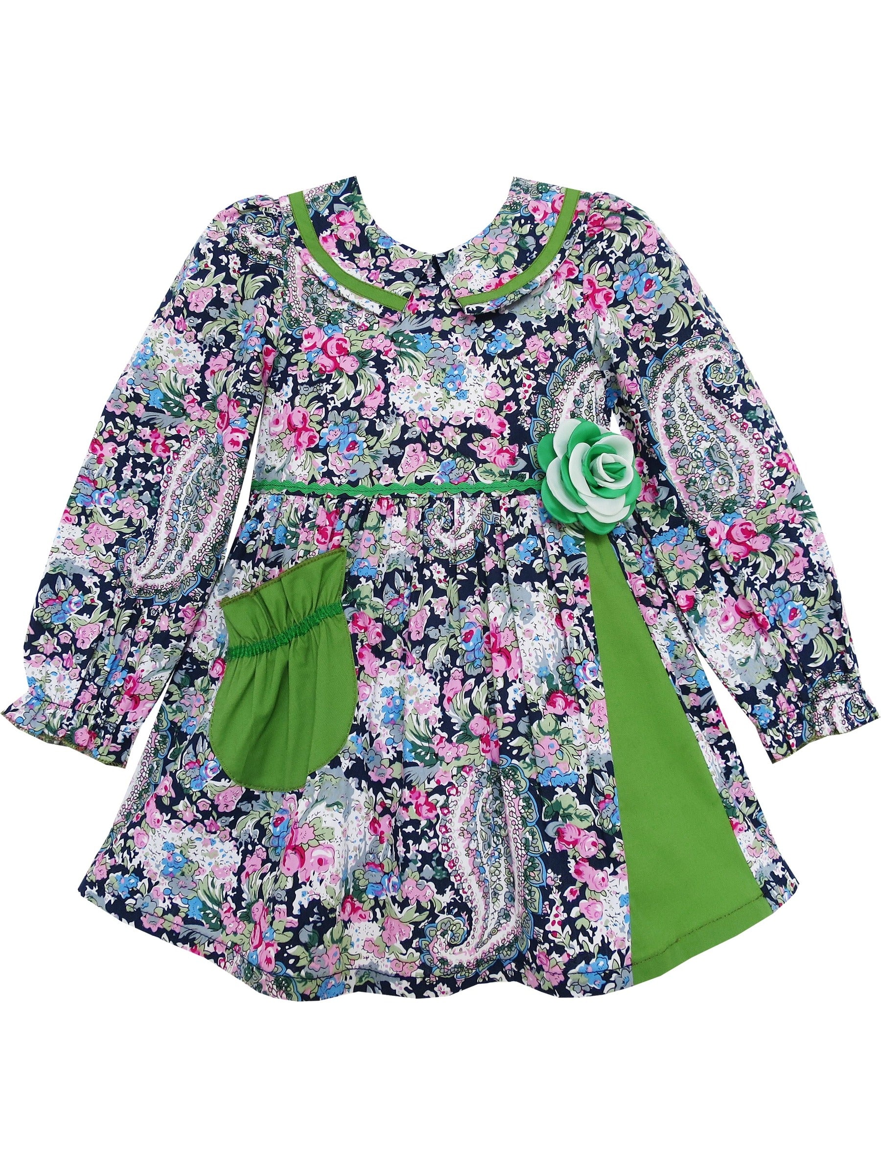 Girls Dress Turn-down Collar Paisley Flower Green Green