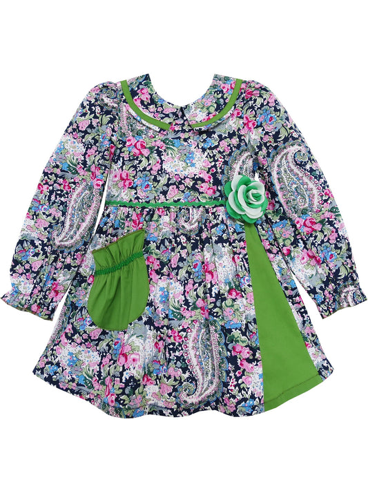 Girls Dress Turn-down Collar Paisley Flower Green Green