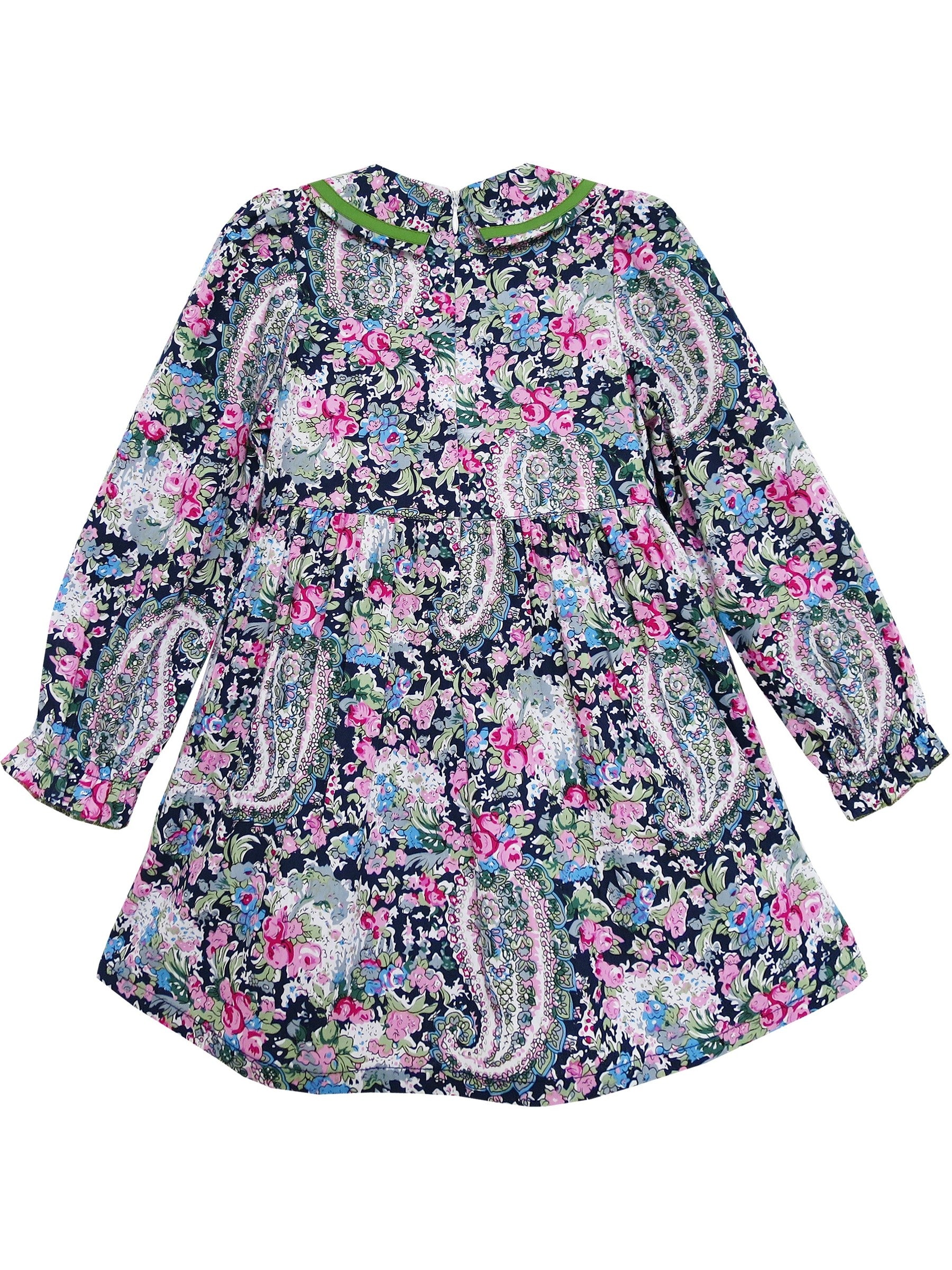 Girls Dress Turn-down Collar Paisley Flower Green Green