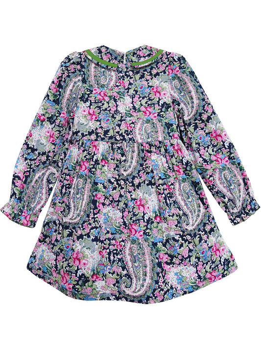 Girls Dress Turn-down Collar Paisley Flower Green Green
