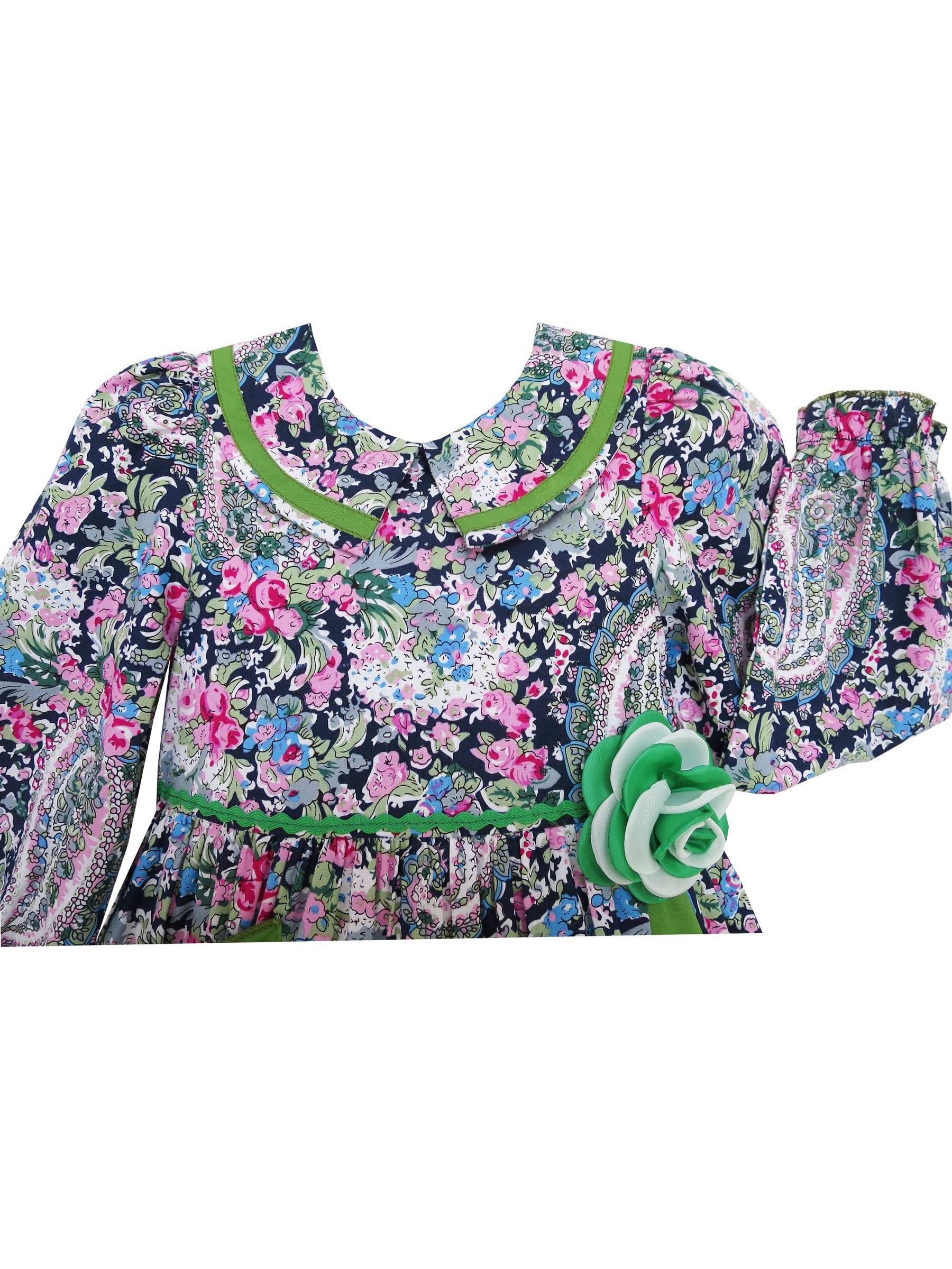 Girls Dress Turn-down Collar Paisley Flower Green Green