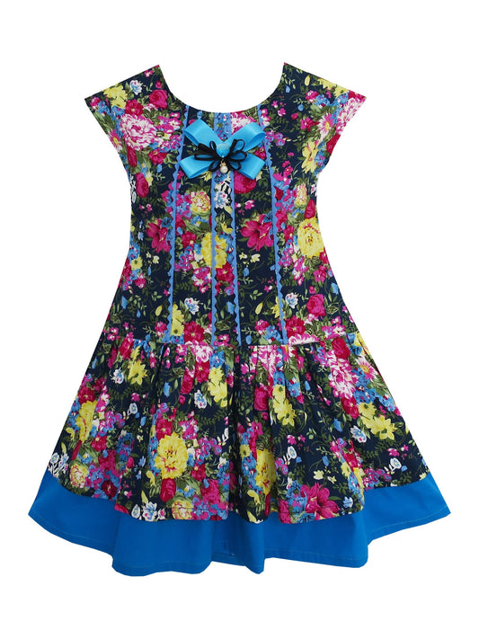 Girls Dress Halloween Dark Color Flower Bow Tie Blue