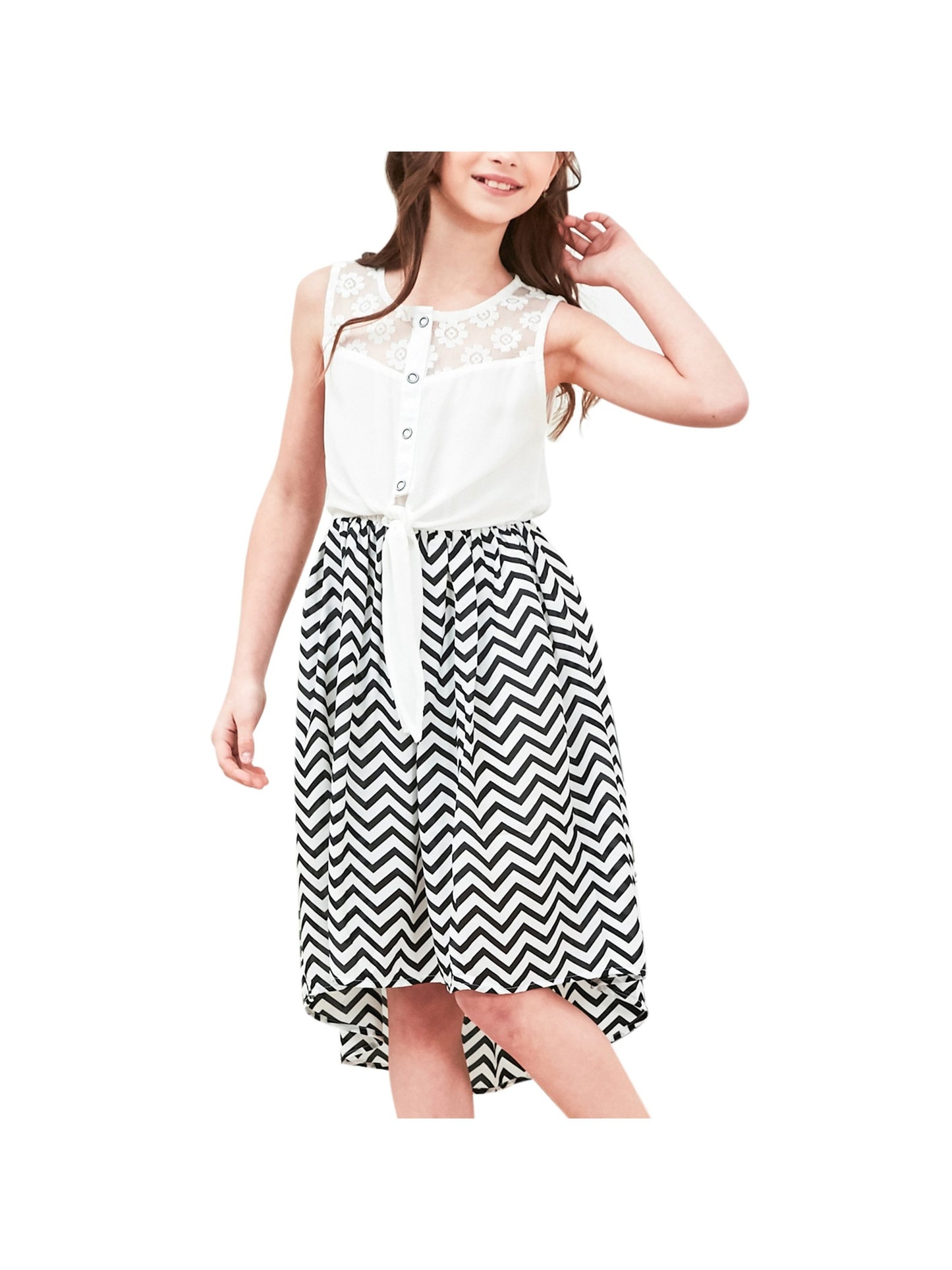 Girls Dress Lace to Chiffon Striped Black White Tied Waist Black
