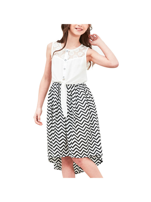 Girls Dress Lace to Chiffon Striped Black White Tied Waist Black