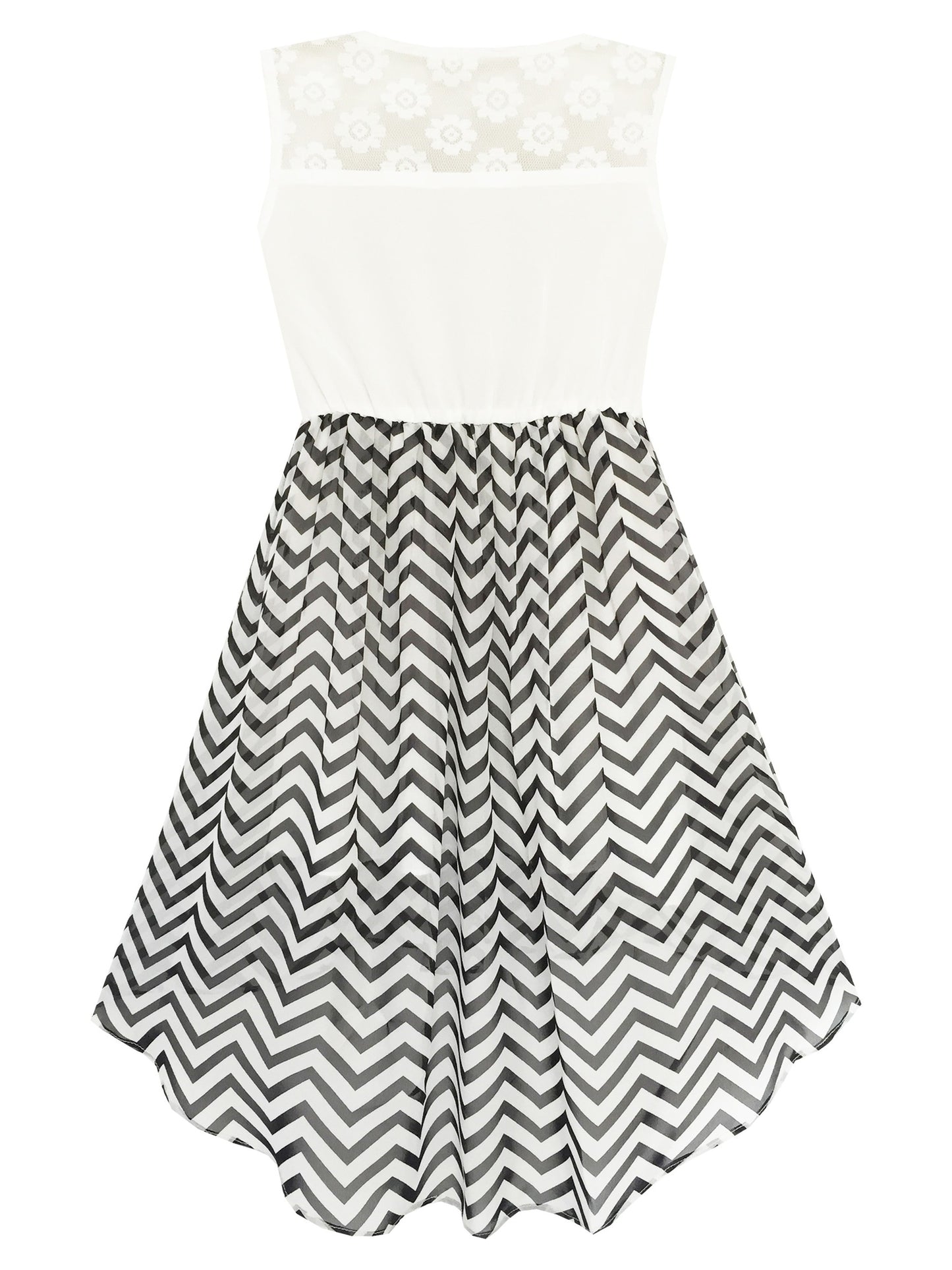 Girls Dress Lace to Chiffon Striped Black White Tied Waist Black