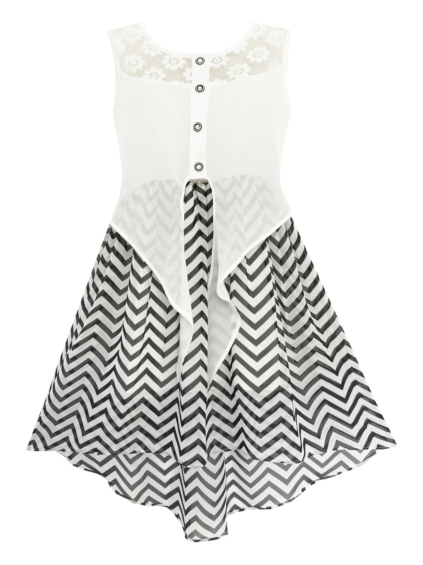 Girls Dress Lace to Chiffon Striped Black White Tied Waist Black