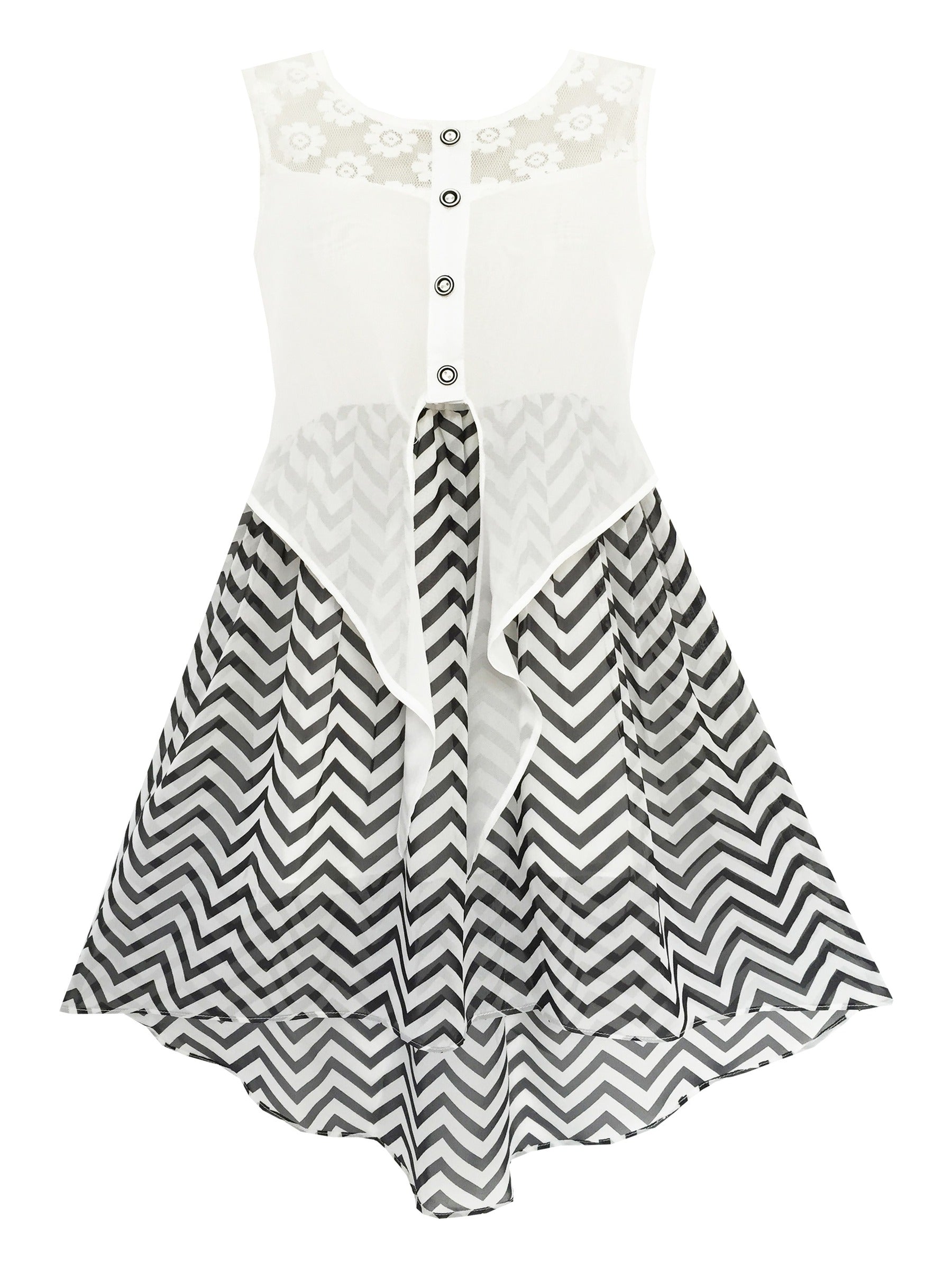 Girls Dress Lace to Chiffon Striped Black White Tied Waist Black