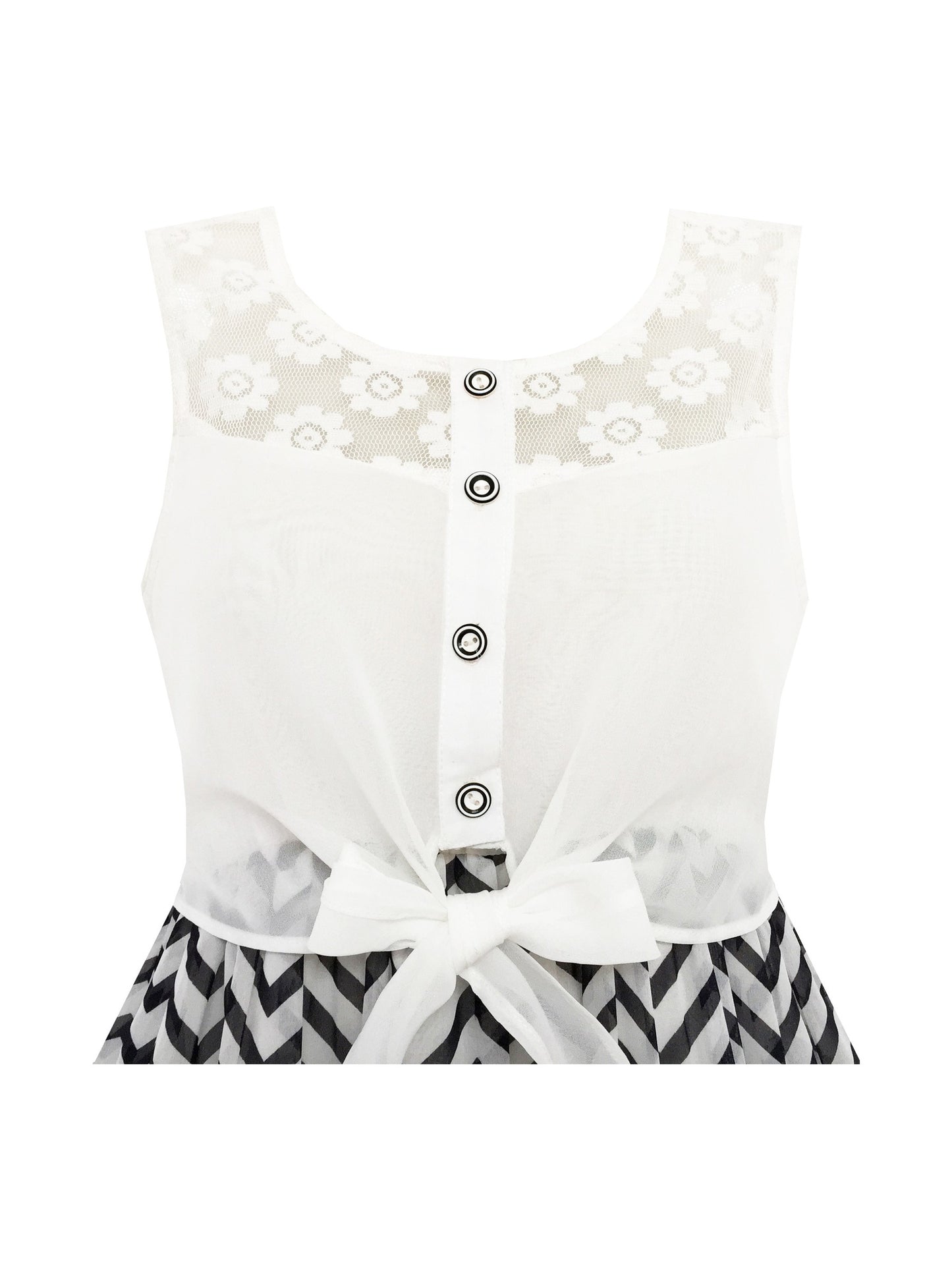 Girls Dress Lace to Chiffon Striped Black White Tied Waist Black