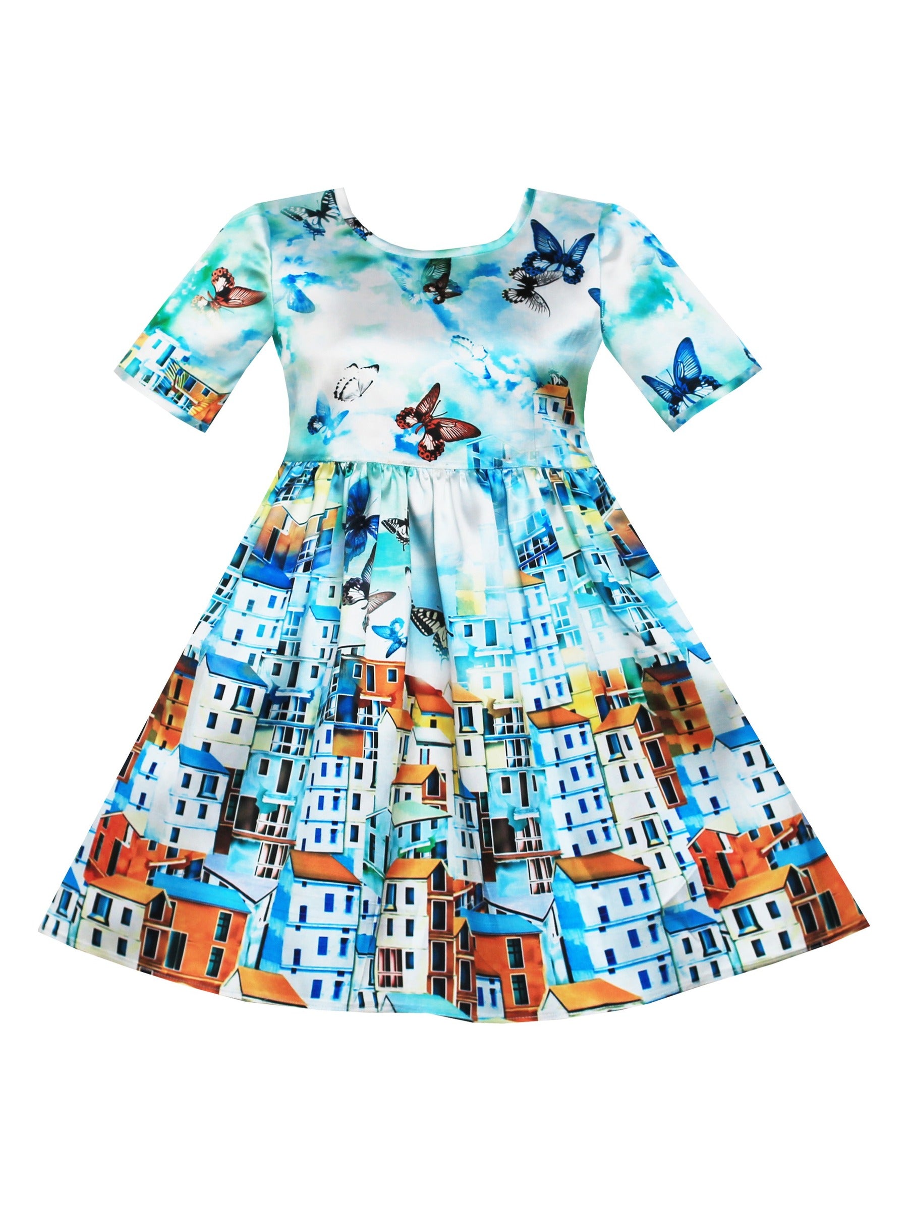 Girls Dress Satin Silk Butterfly City Building View Pink Blue