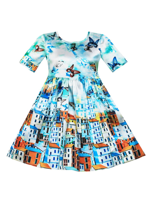 Girls Dress Satin Silk Butterfly City Building View Pink Blue
