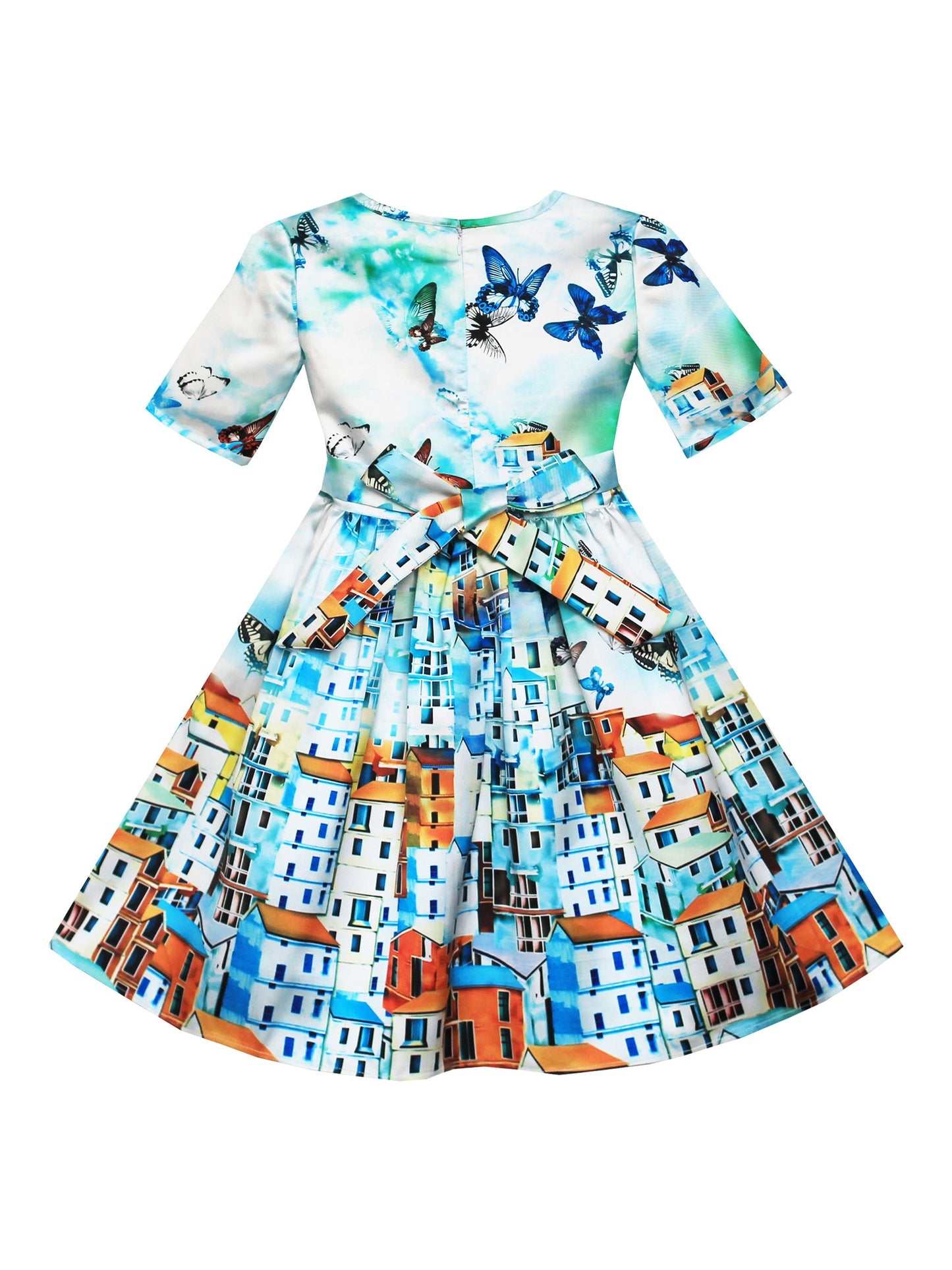 Girls Dress Satin Silk Butterfly City Building View Pink Blue