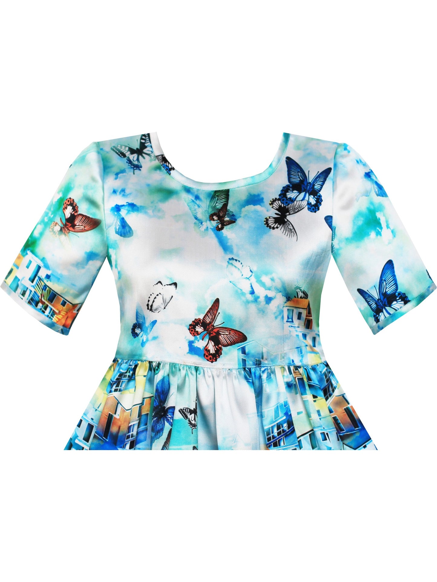 Girls Dress Satin Silk Butterfly City Building View Pink Blue