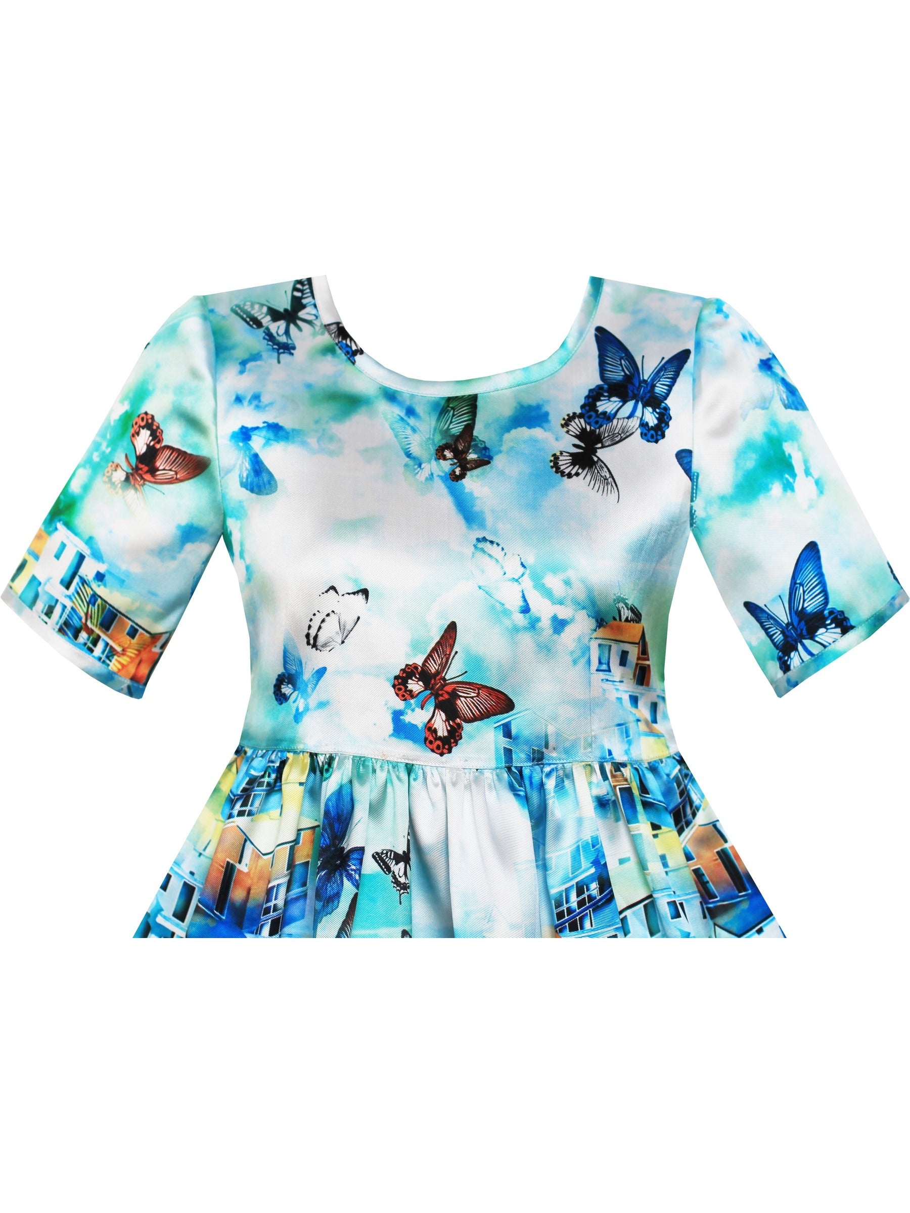 Girls Dress Satin Silk Butterfly City Building View Pink Blue