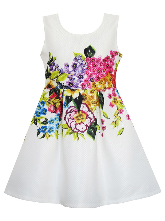 Girls Dress Flower Garden Print Elegant Chinese Style White