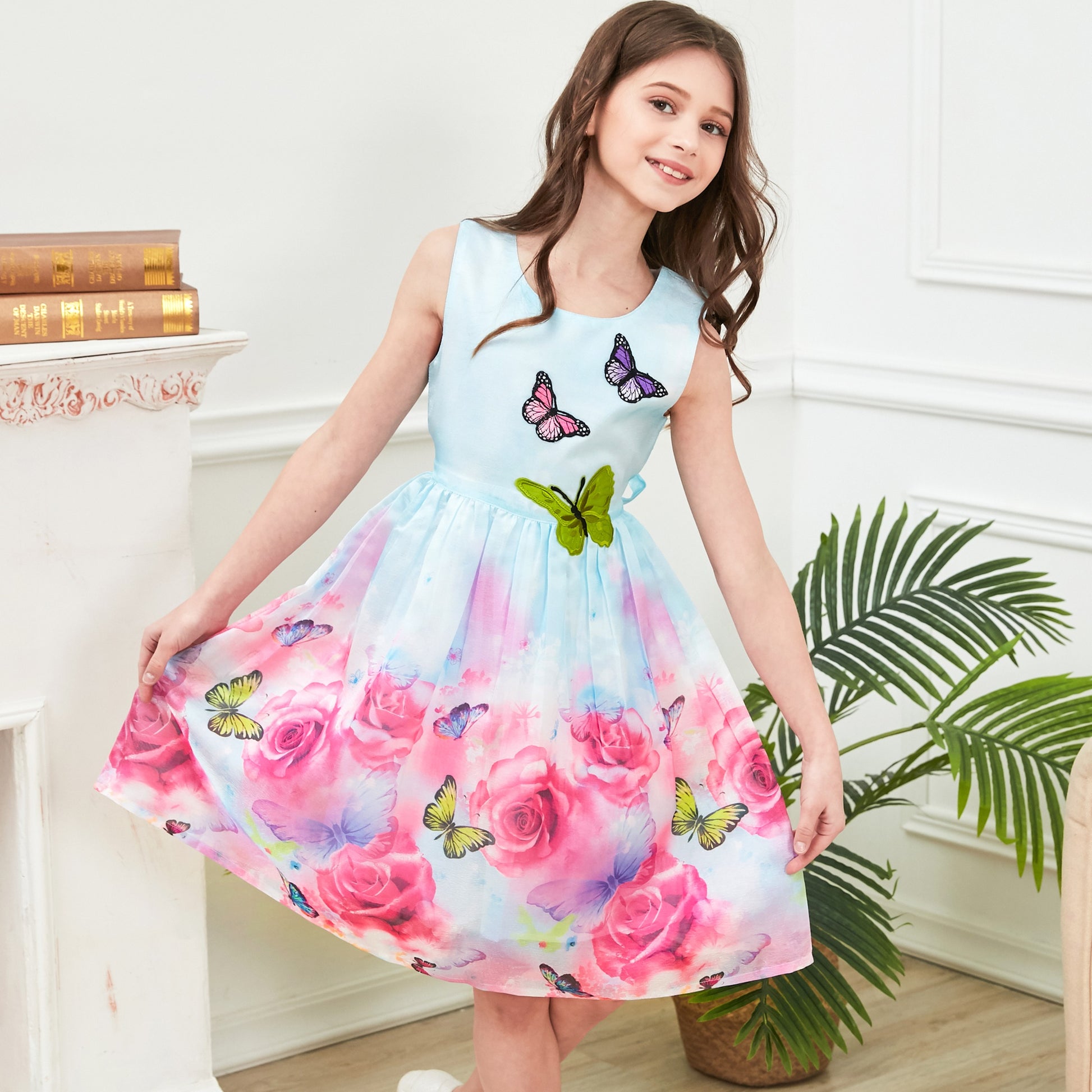 Girls Dress Sunflower Garden Turn-Down Collar Sleeveless Multi-Color