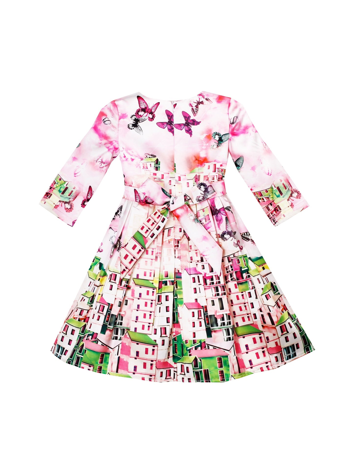 Girls Dress Satin Silk Butterfly City Building View Pink Pink