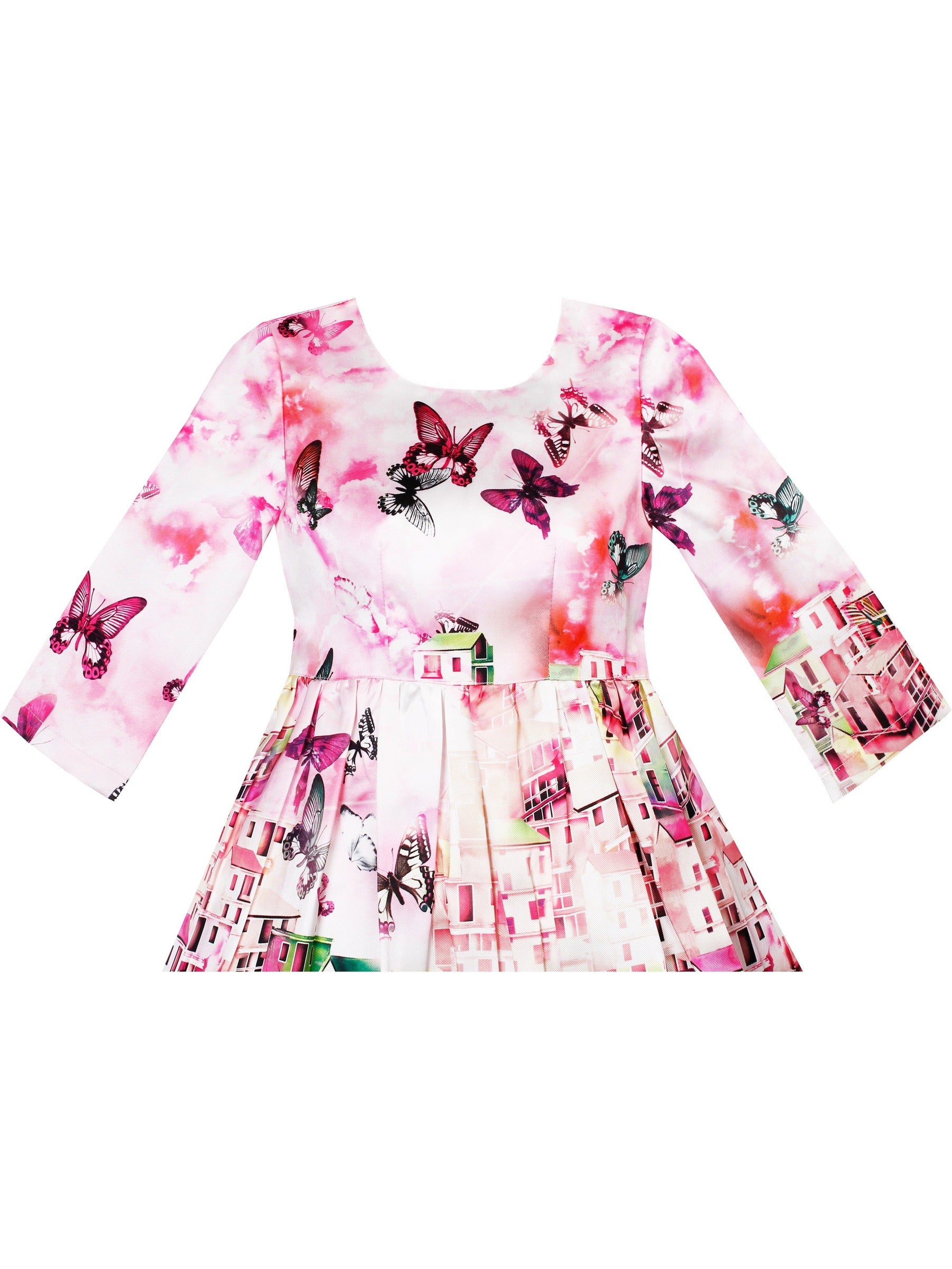 Girls Dress Satin Silk Butterfly City Building View Pink Pink