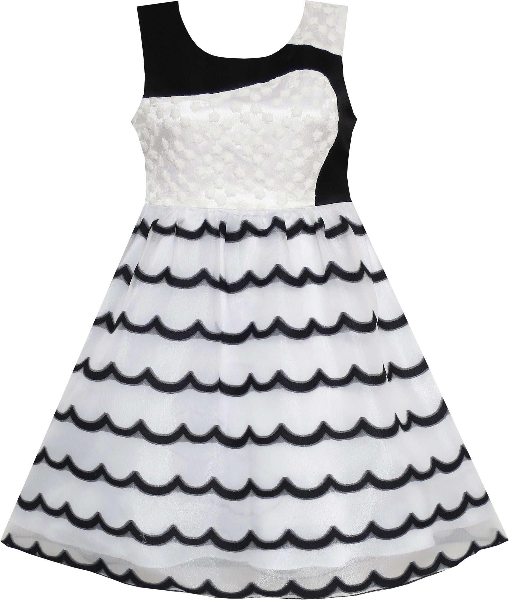 Girls Dress Sleeveless Lace Tulle Wave Pattern Black White Black