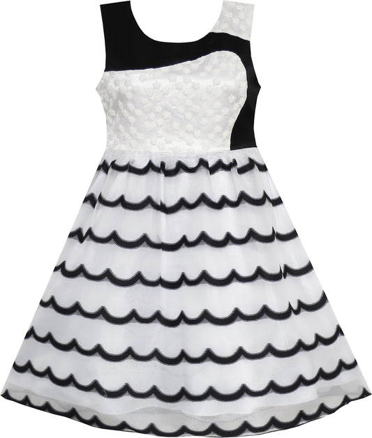 Girls Dress Sleeveless Lace Tulle Wave Pattern Black White Black