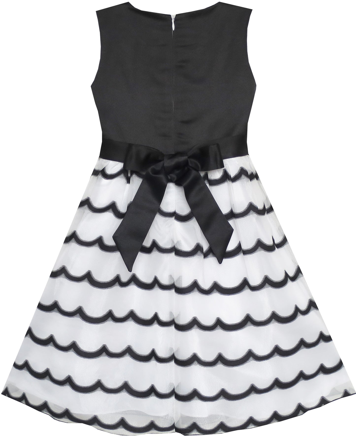 Girls Dress Sleeveless Lace Tulle Wave Pattern Black White Black