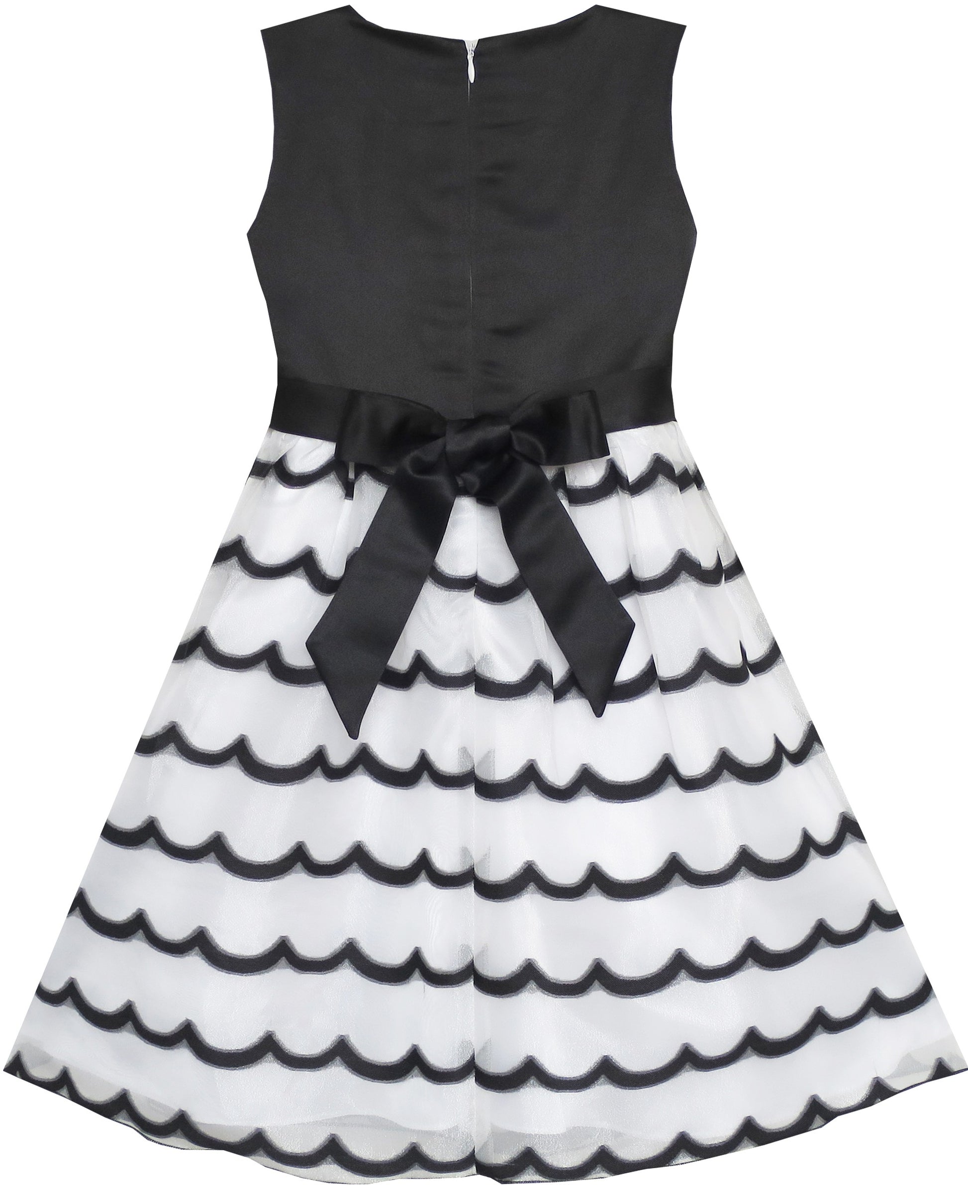 Girls Dress Sleeveless Lace Tulle Wave Pattern Black White Black