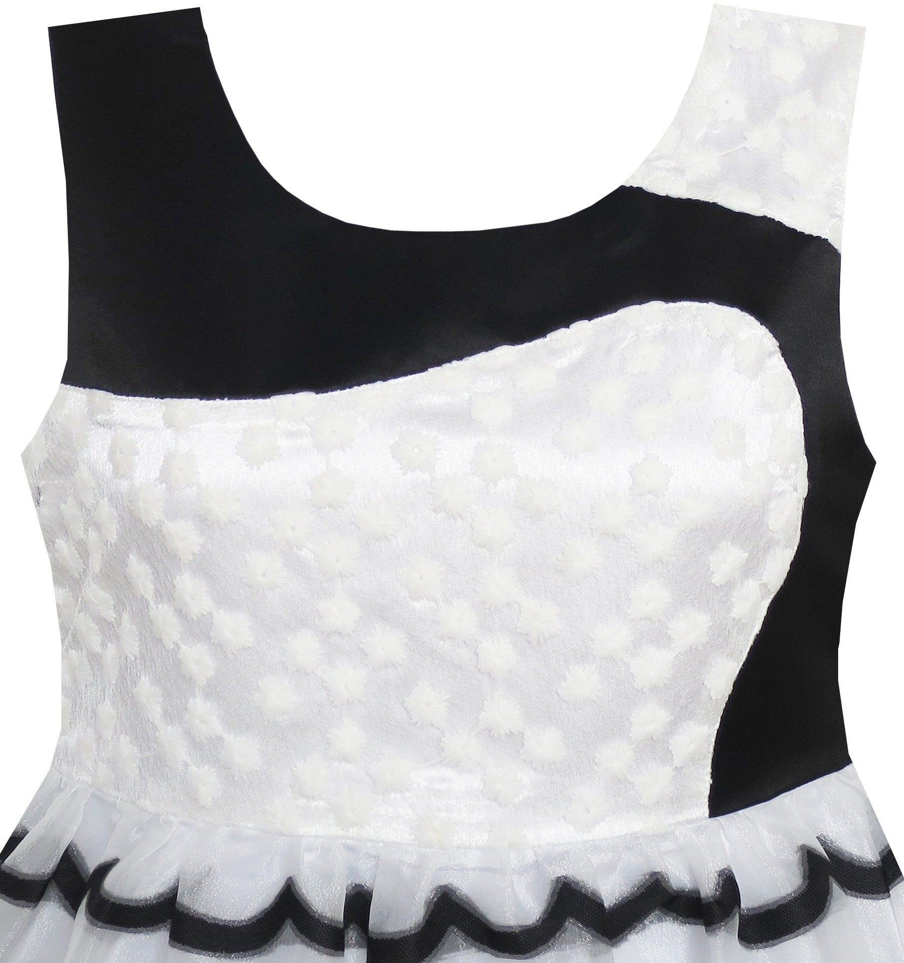 Girls Dress Sleeveless Lace Tulle Wave Pattern Black White Black