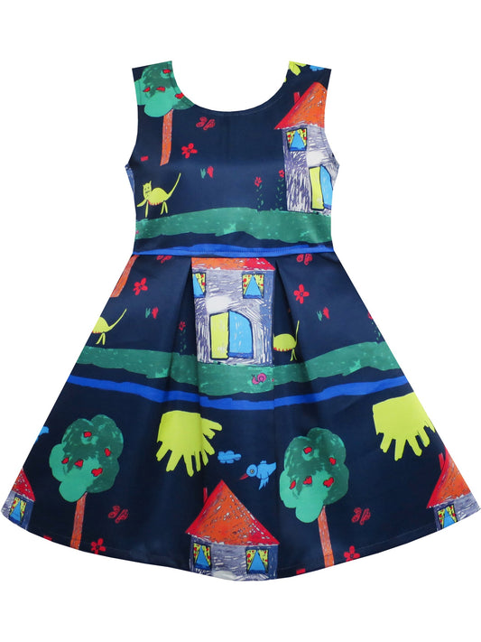 Girls Dress Flower Garden Print Elegant Chinese Style Blue