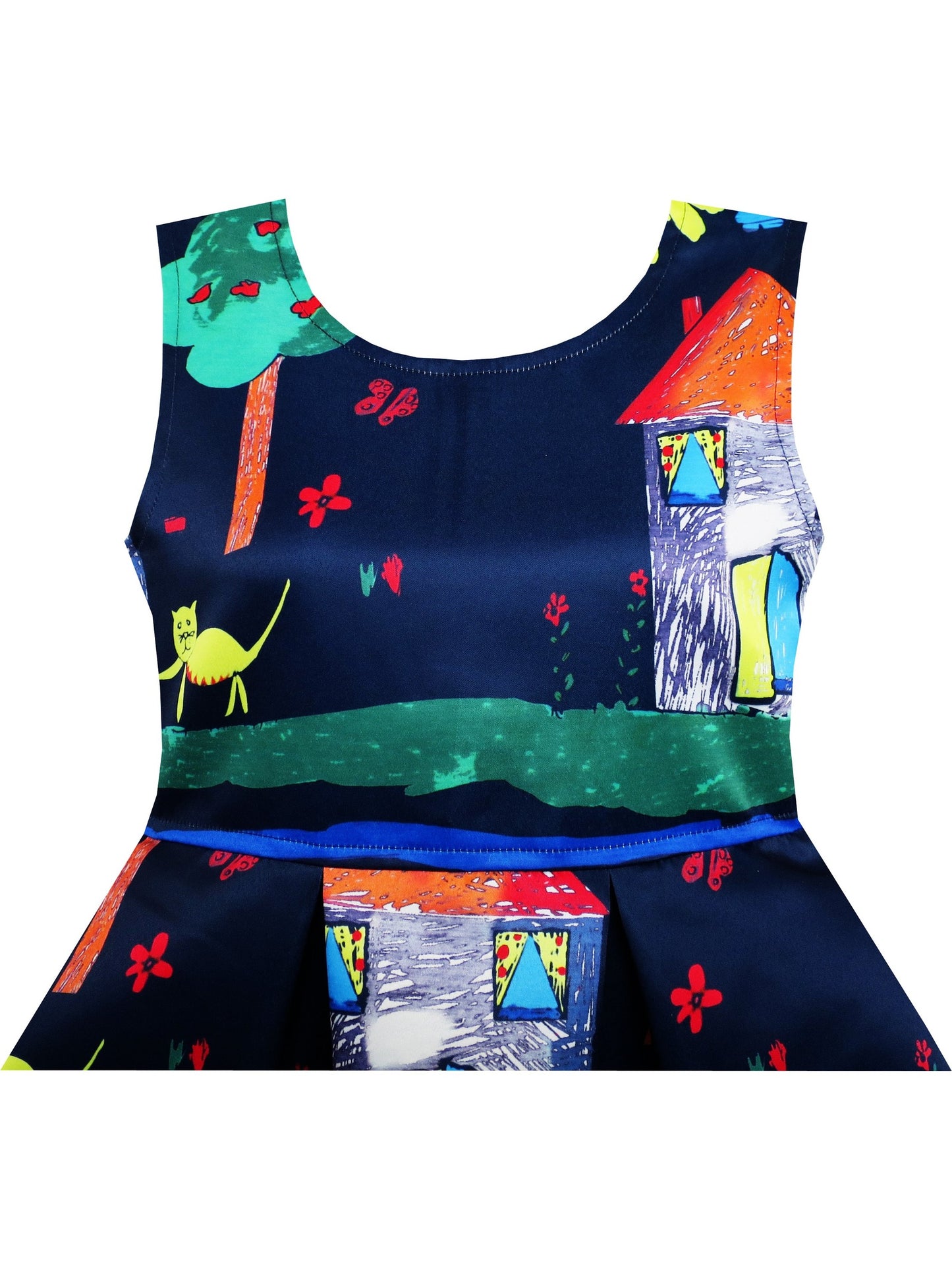 Girls Dress Flower Garden Print Elegant Chinese Style Blue