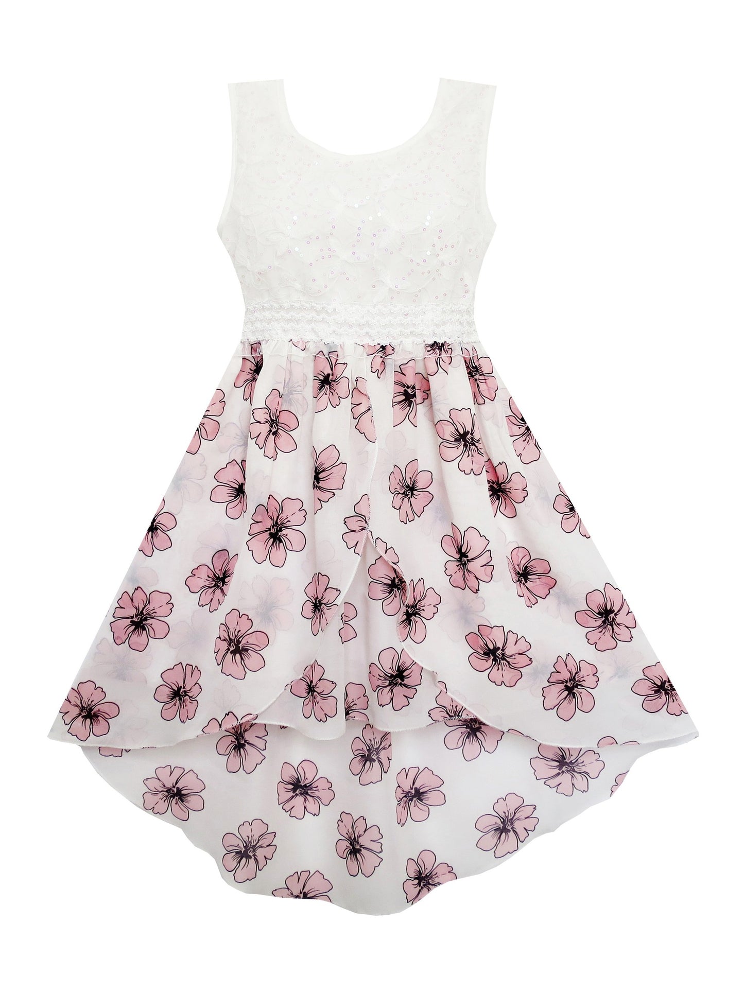 Girls Dress Hi-Lo Maxi Sequin Chiffon Lace Flower Pink Pink