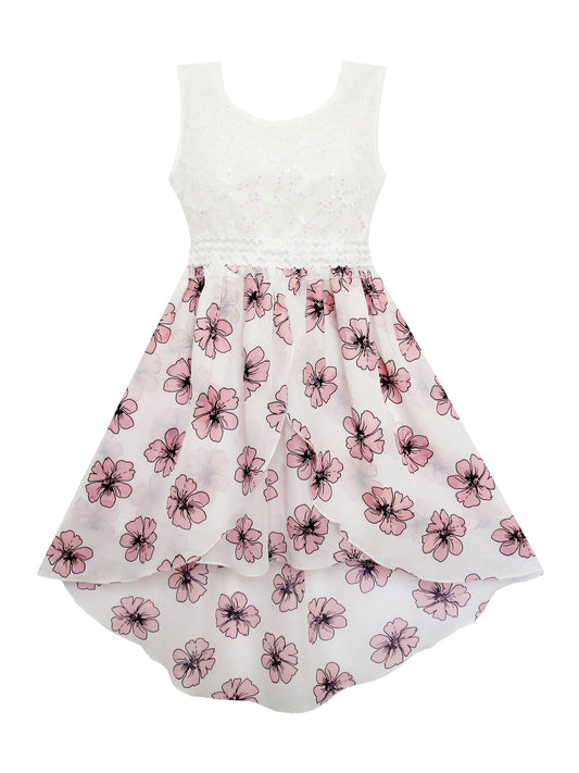 Girls Dress Hi-Lo Maxi Sequin Chiffon Lace Flower Pink Pink