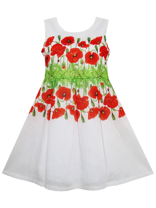 Girls Dress Flower Garden Grass Print Elegant Chinese Style Red
