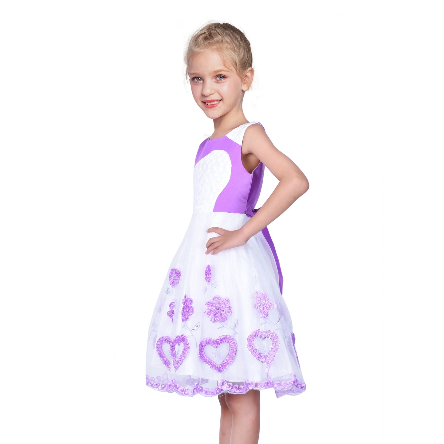 Girls Dress Sleeveless Lace Tulle Wave Pattern Black White Purple